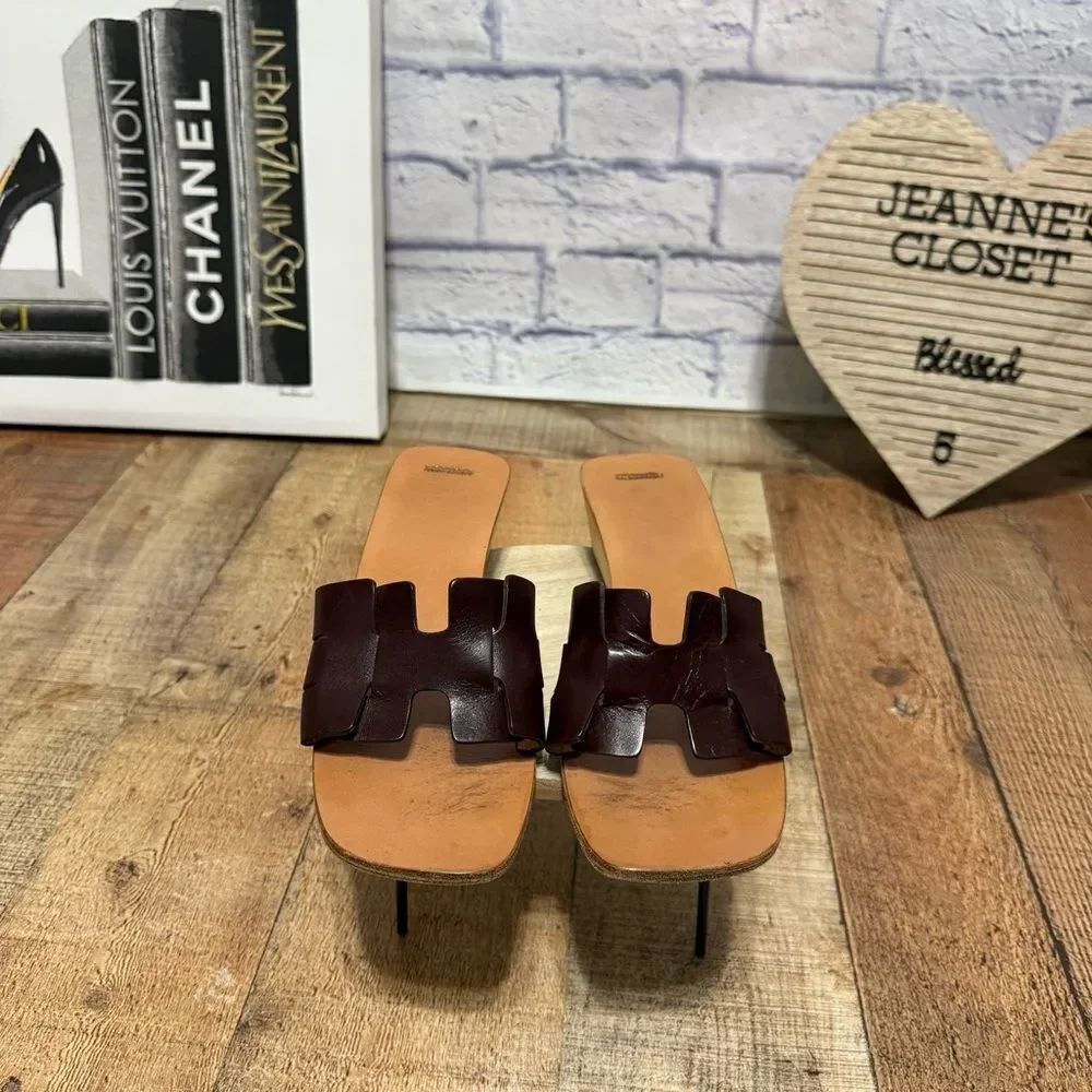 Vintage Hermes wood sole wedge slide sandals slip on mule